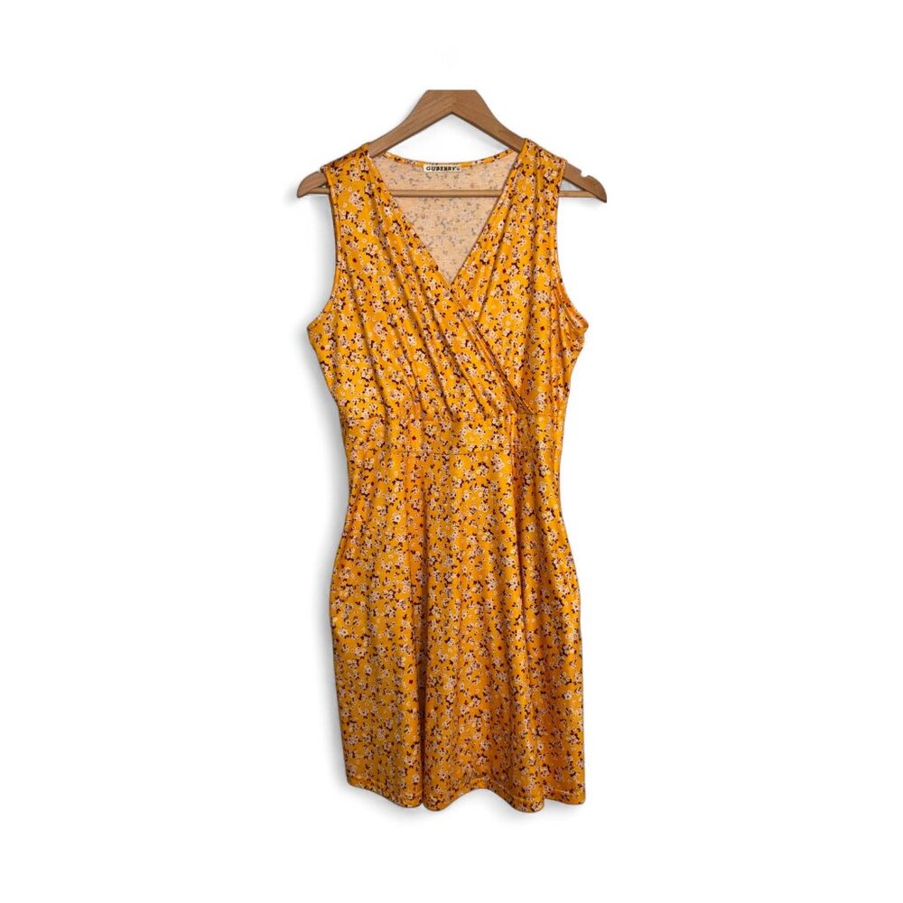 Guberry Yellow Floral Wrap Dress w/ Pockets Size Large Boho Fall Layers